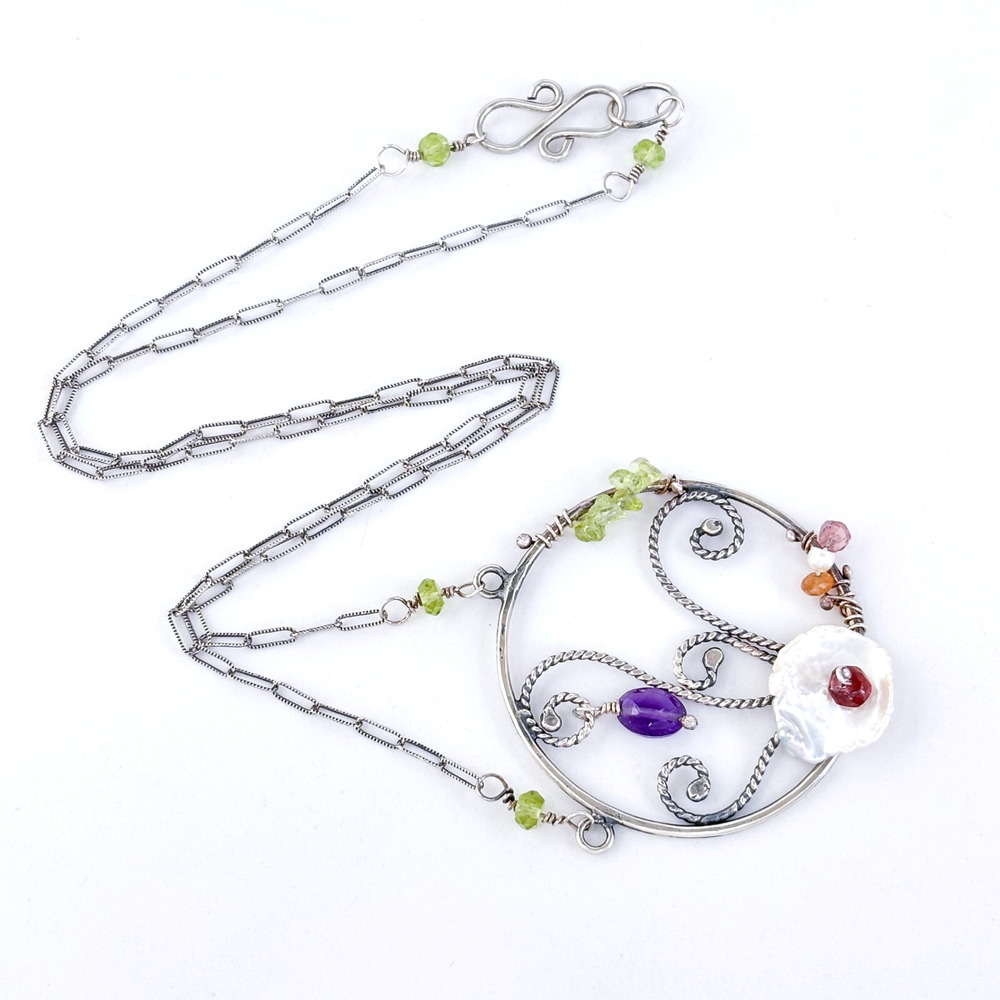 Vintage Sterling Silver 925 Multi Gemstone Floral Necklace 19”